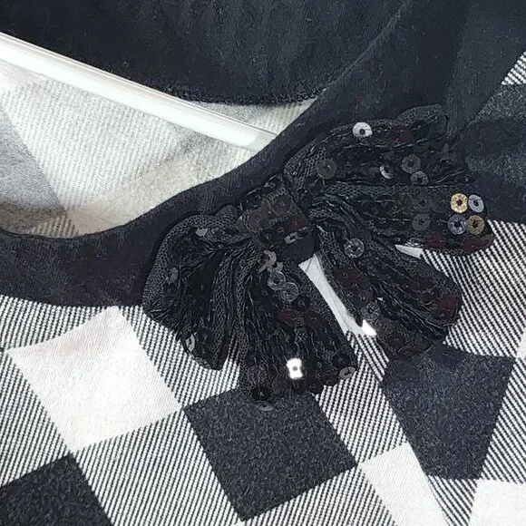 Justice Black White Check SS Black Sequin Bow Neckline Cotton Span Top Size 18 - Picture 9 of 16